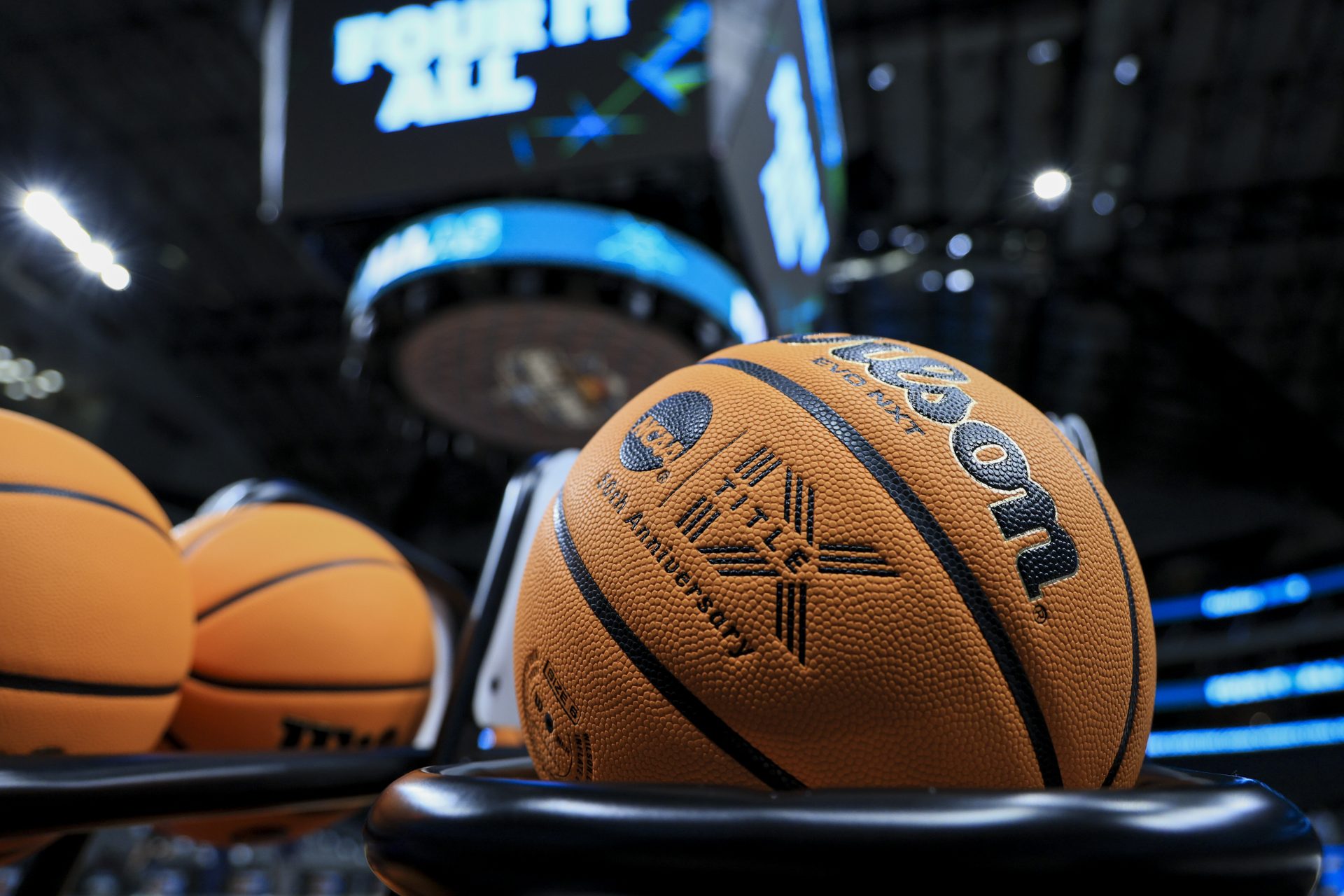 A Wilson EVO NXT game balls is seen prior to practice at the American Airlines Center.