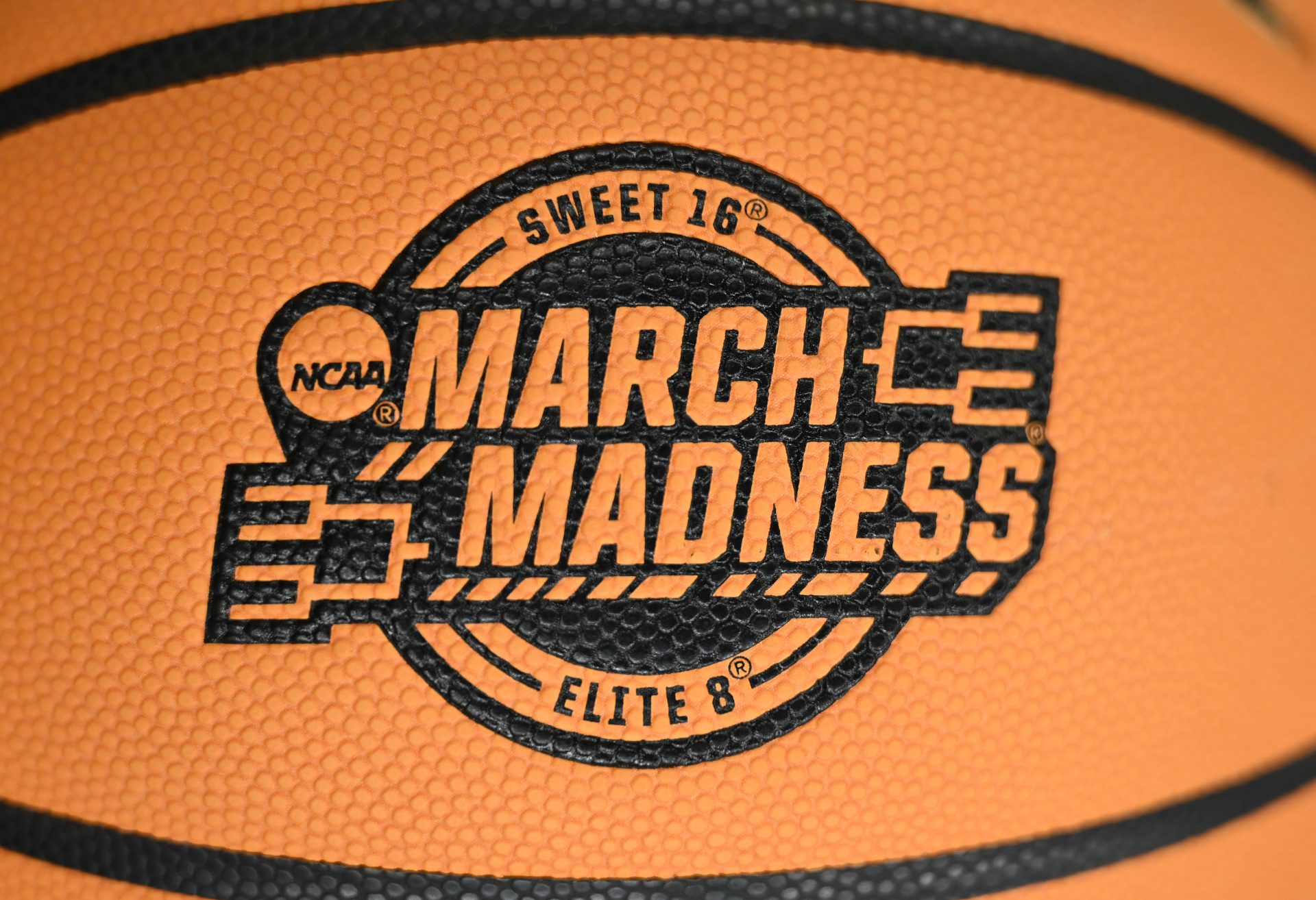 Detail view of the logo on the basketball during NCAA Tournament West Regional Practice at Chase Center.