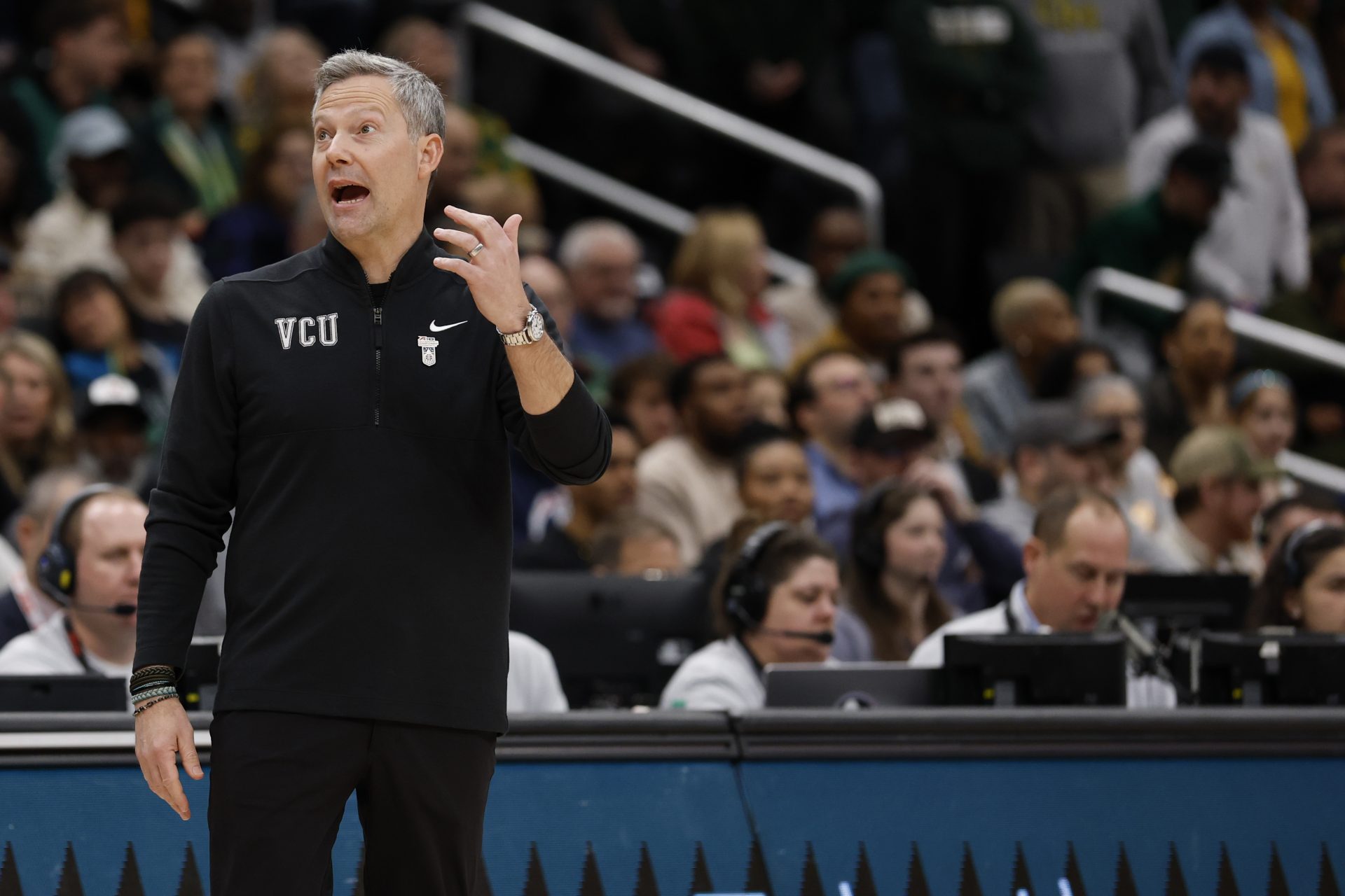 VCU Rams head coach Ryan Odom reacts on the sidelines against the George Mason Patriots in the first half at Capital One Arena.