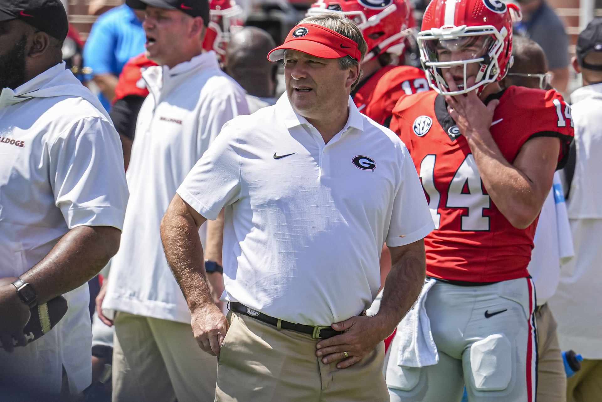 Georgia Bulldogs head coach Kirby Smart shown on the field during pregame warmup prior to the game against the Tennessee Tech Golden Eagles at Sanford Stadium.