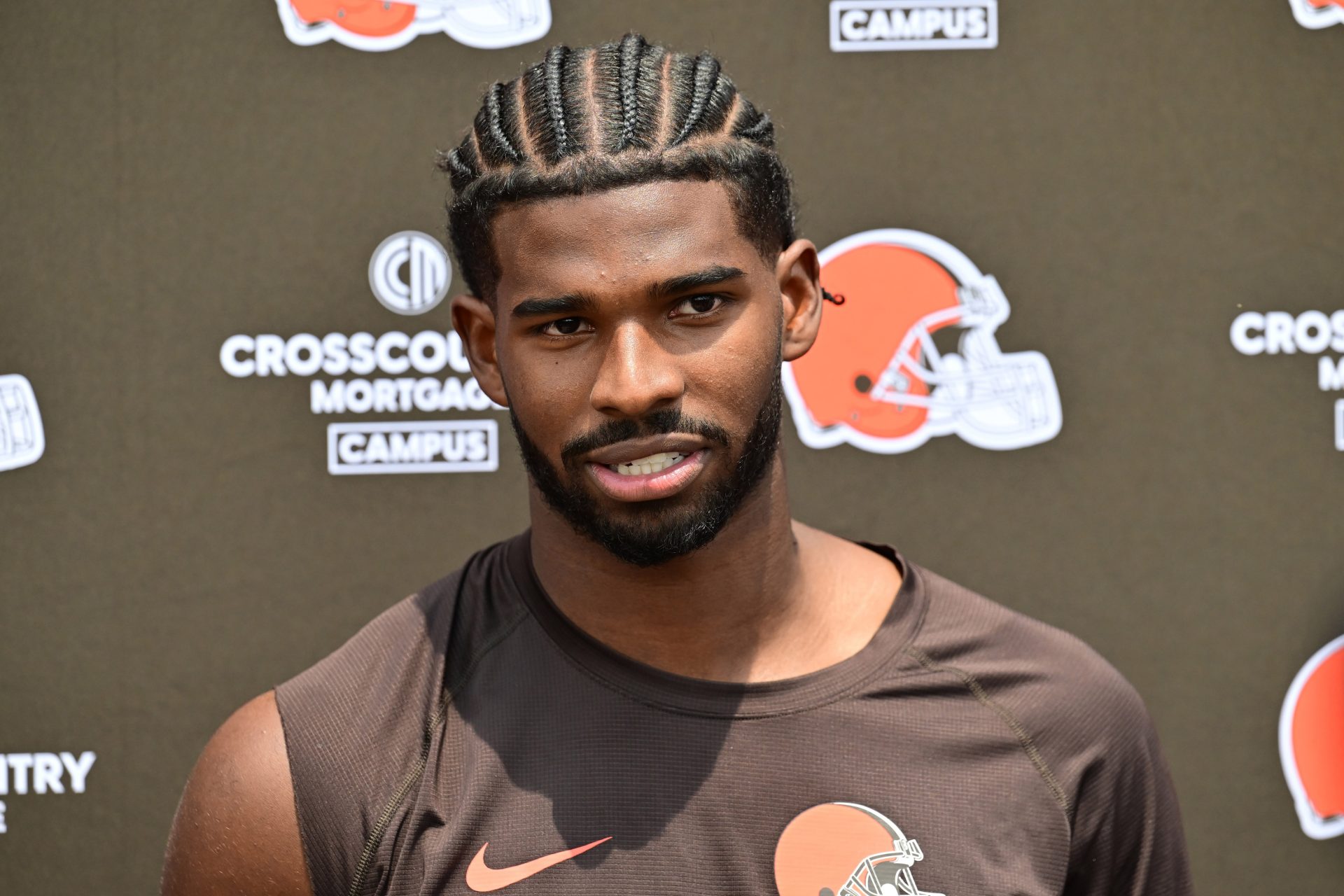 Cleveland Browns quarterback Shedeur Sanders (12) talk to the media during minicamp at CrossCountry Mortgage Campus.