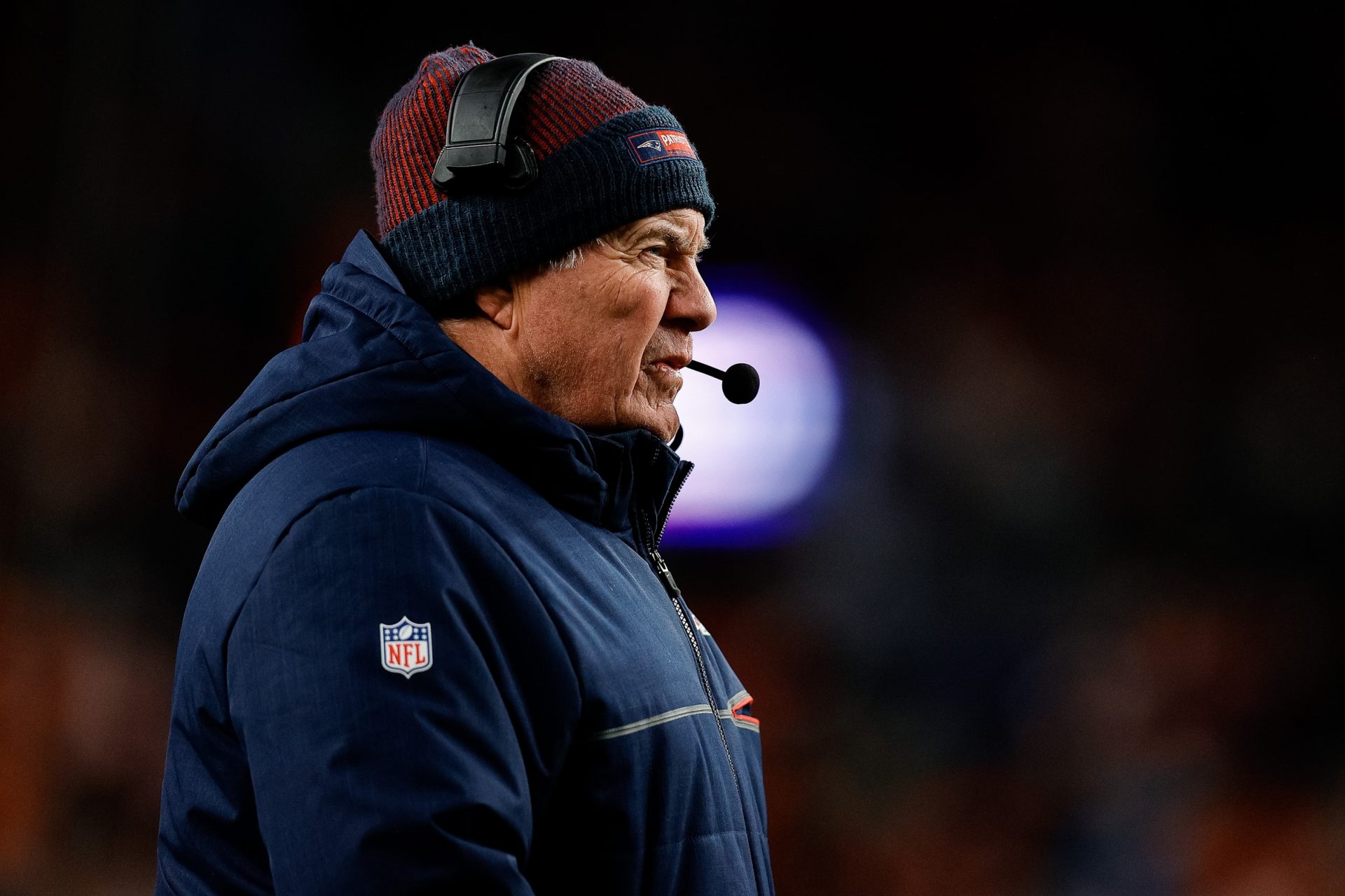 New England Patriots head coach Bill Belichick in the second quarter against the Denver Broncos at Empower Field at Mile High.