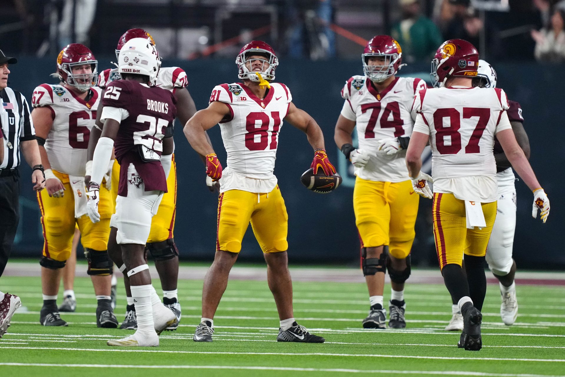 Southern California Trojans wide receiver Kyle Ford (81) celebrates after a first down against the Texas A&M Aggies in the second half at Allegiant Stadium.