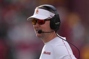 Southern California Trojans head coach Lincoln Riley reacts against the Notre Dame Fighting Irish in the second half at United Airlines Field at Los Angeles Memorial Coliseum.