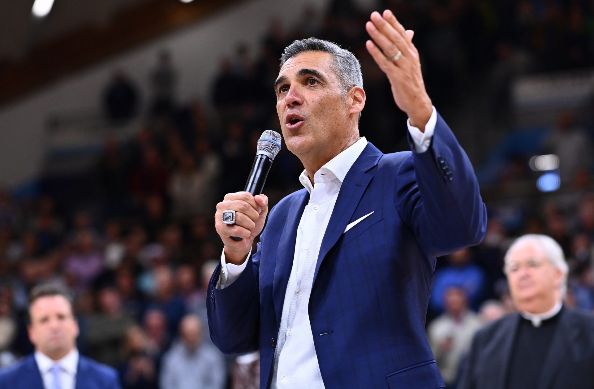 Former Villanova Wildcats head coach Jay Wright speaks before the game against the DePaul Blue Demons at William B. Finneran Pavilion.