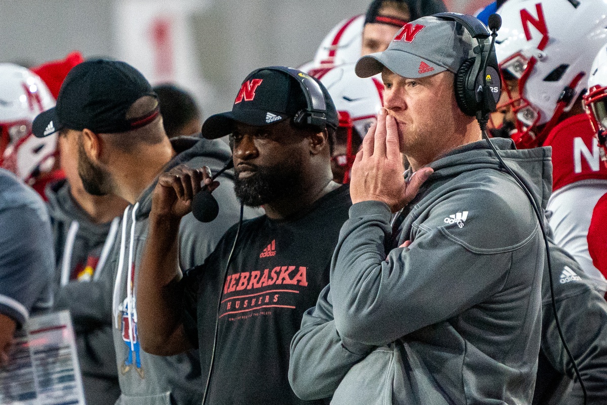 Nebraska Cornhuskers head coach Scott Frost (right) watches from the sideline during the second quarter against the Georgia Southern Eagles at Memorial Stadium.