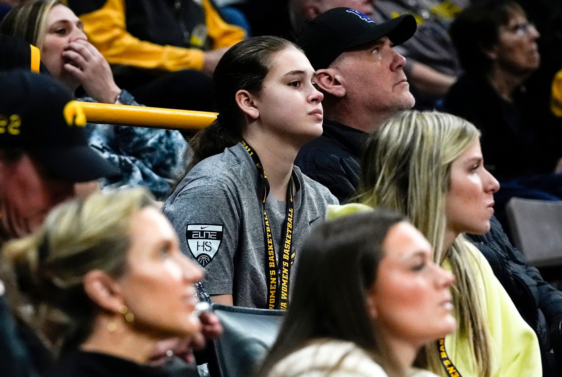 Texas high school basketball star Finley Chastain watches a Big Ten women’s basketball game featuring the Iowa Hawkeyes and against the USC Trojans Sunday, Feb. 2, 2025 at Carver-Hawkeye Arena in Iowa City, Iowa.
