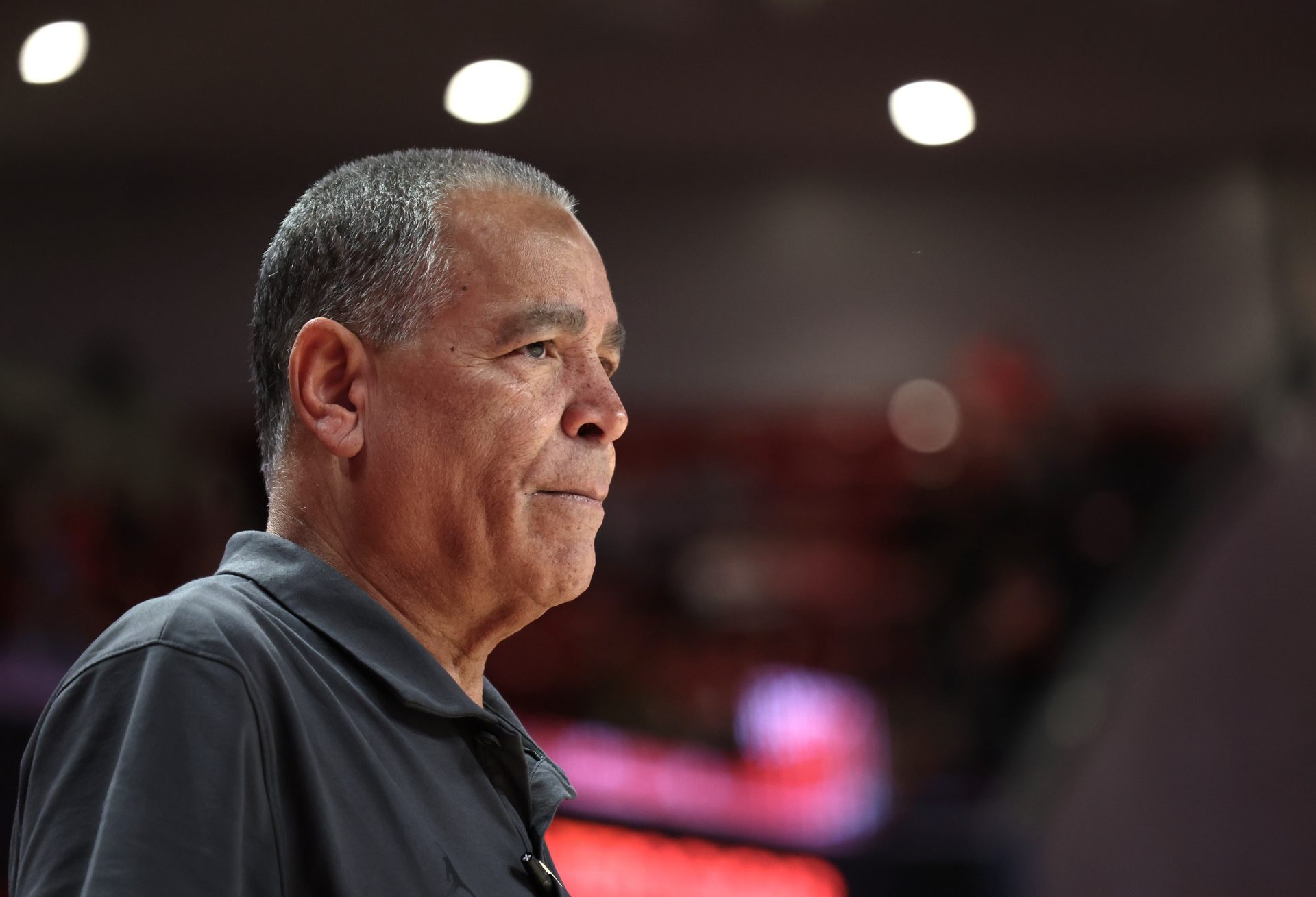 Houston Cougars head coach Kelvin Sampson watches play against the Troy Trojans in the first half at Fertitta Center.