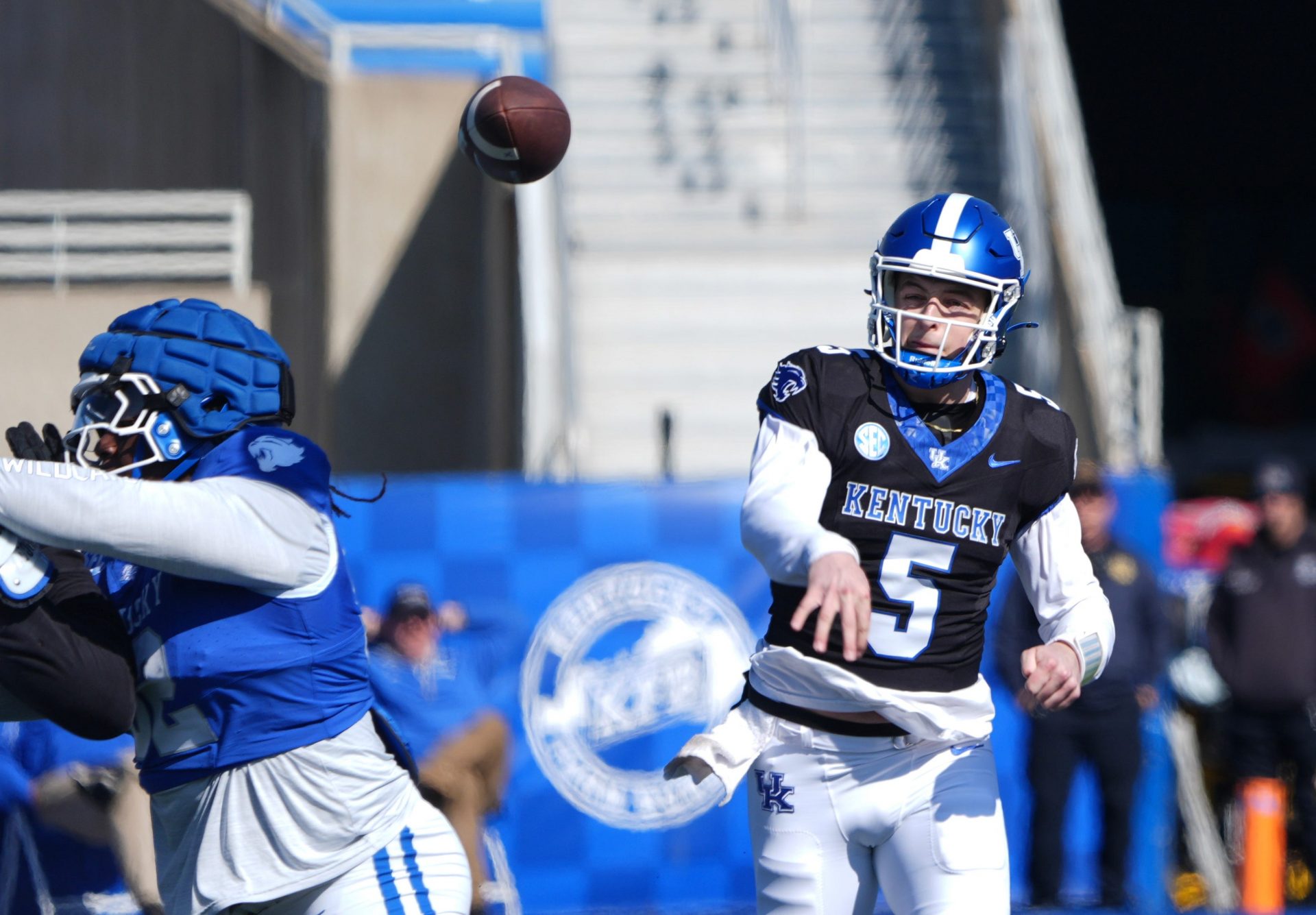 Kentucky’s Zach Calzada threw a completion against the defense of Kentucky during their Spring practice finale at Kroger Field.
April 12, 2025