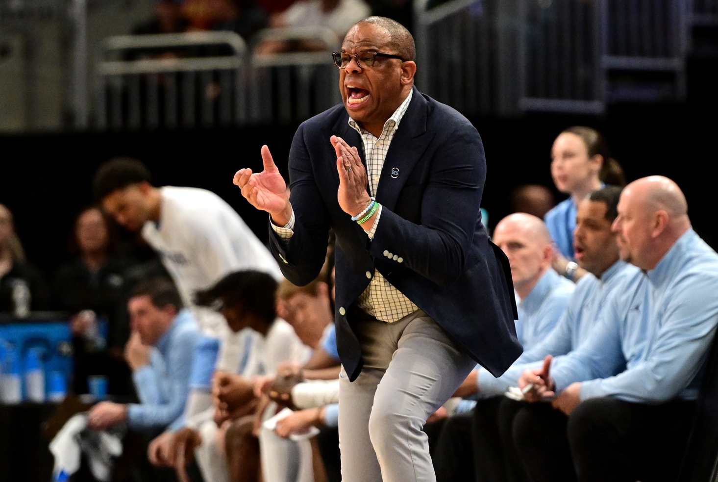 North Carolina Tar Heels head coach Hubert Davis during the first half of a first round NCAA men’s tournament game against the Mississippi Rebels at Fiserv Forum.