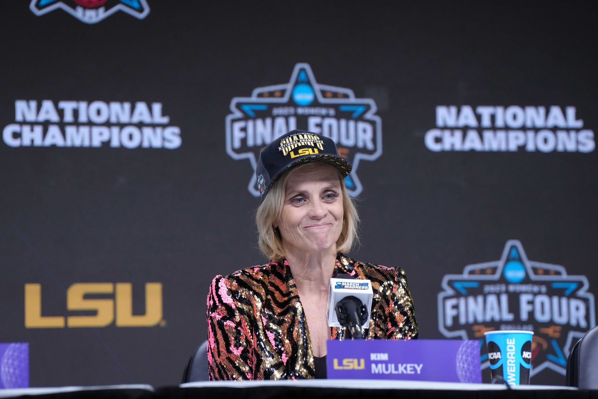 LSU Lady Tigers head coach Kim Mulkey reacts at press conference after the NCAA Womens Basketball Final Four National Championship against the Iowa Hawkeyes at American Airlines Center.