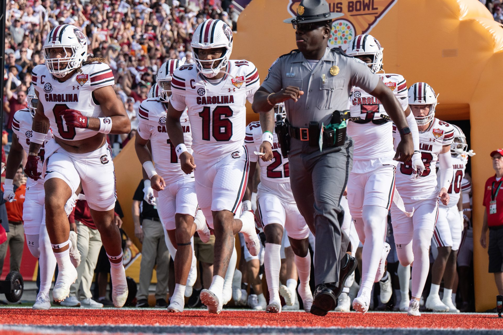 South Carolina Gamecocks quarterback LaNorris Sellers (16) leads his team agains the Illinois Fighting Illini before the game at Camping World Stadium.