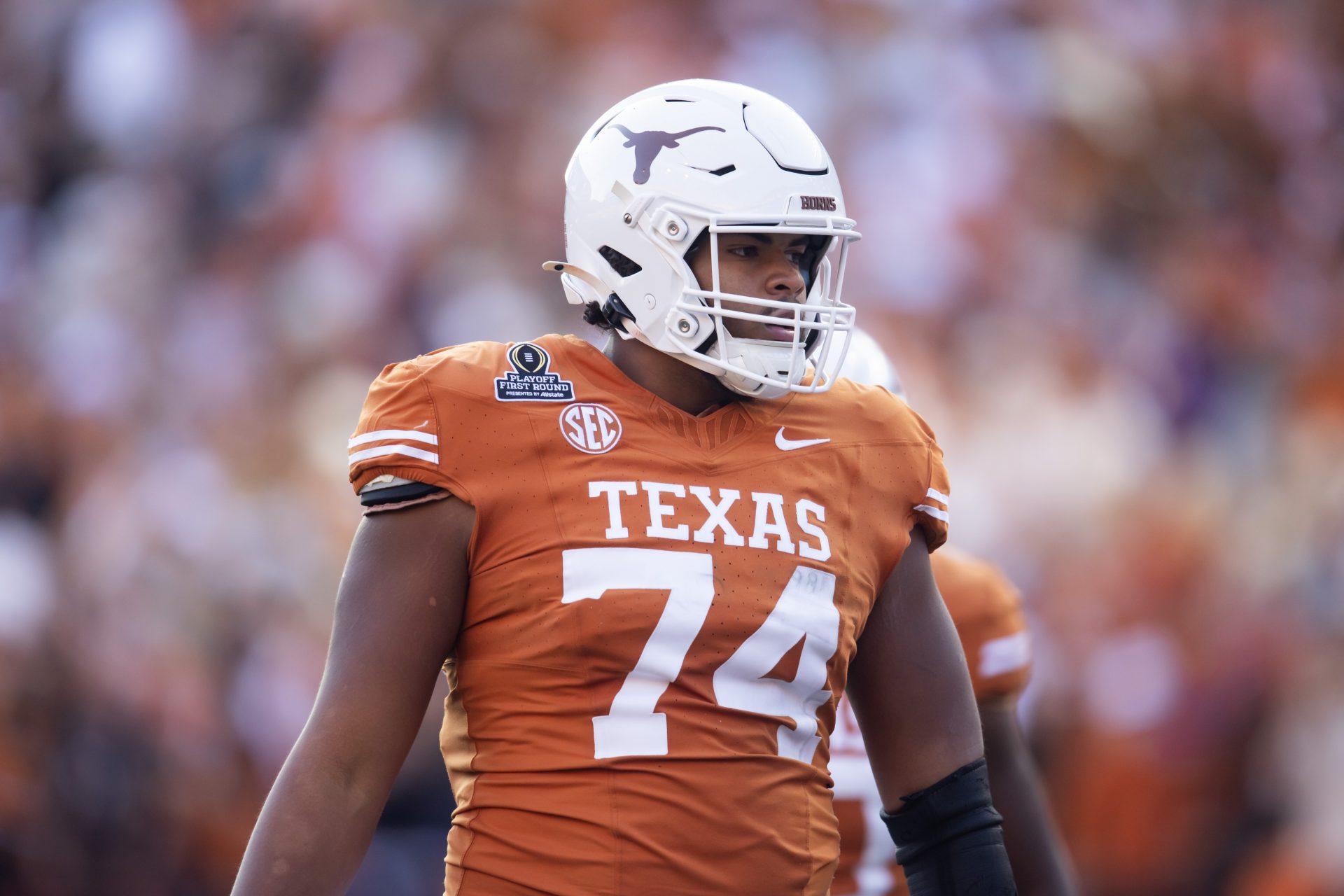 Texas Longhorns offensive lineman Trevor Goosby (74) against the Clemson Tigers during the CFP National playoff first round at Darrell K Royal-Texas Memorial Stadium.
