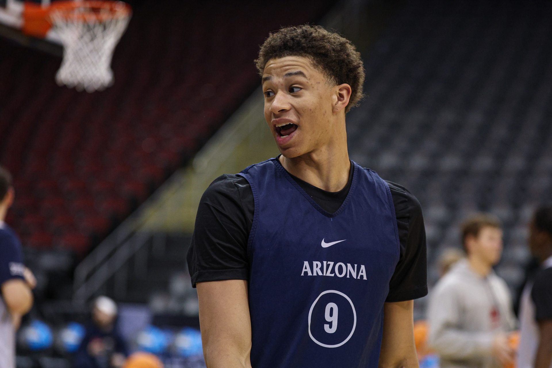 Arizona Wildcats forward Carter Bryant (9) reacts during a practice session in preparation for an East Regional semifinal game against the Duke Blue Devils at Prudential Center.