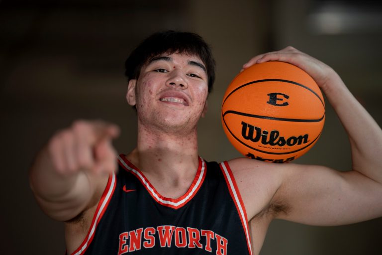 Ensworth's 7-footer Gan-Erdene Solongo stands for a portrait at Ensworth High School in Nashville, Tenn., Tuesday, Feb. 11, 2025.