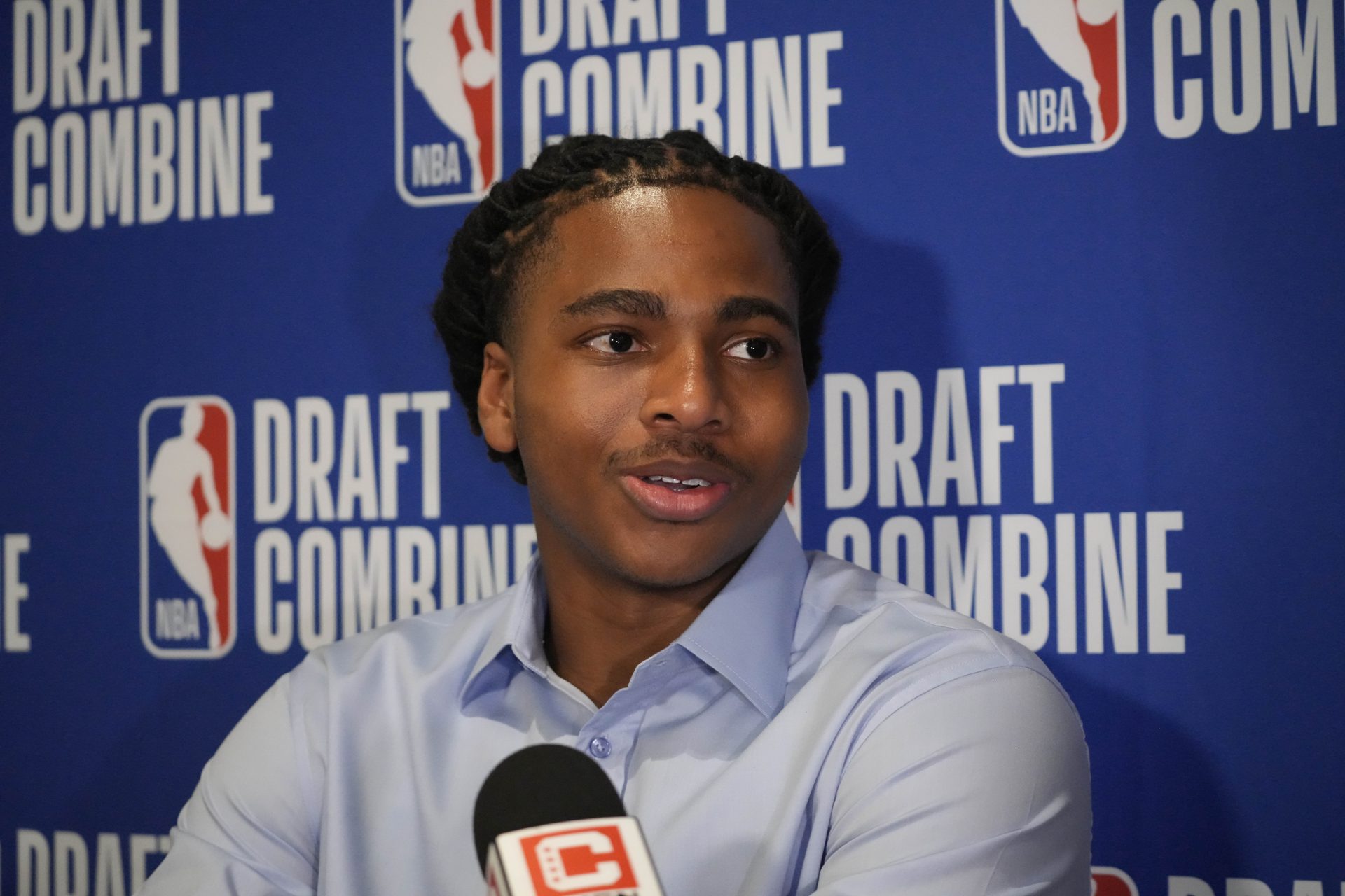 Collin Murray-Boyles talks to the media during the 2025 NBA Draft Combine at Marriott Marquis Chicago.