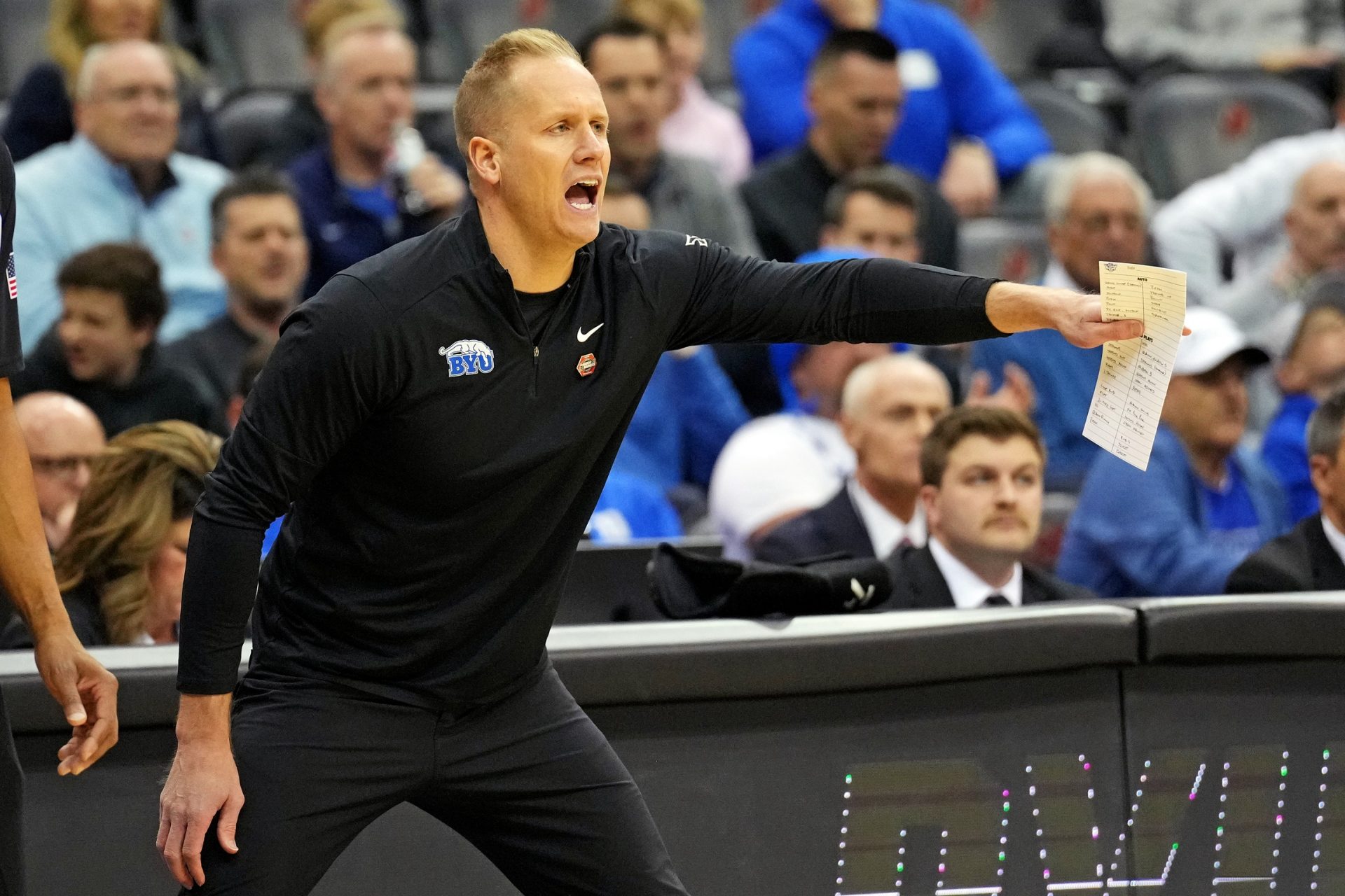 Brigham Young Cougars head coach Kevin Young calls to his team during the first half against the Alabama Crimson Tide during an East Regional semifinal of the 2025 NCAA tournament at Prudential Center.
