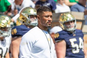 Notre Dame Fighting Irish head coach Marcus Freeman waits to run onto the field during the Blue-Gold game at Notre Dame Stadium.