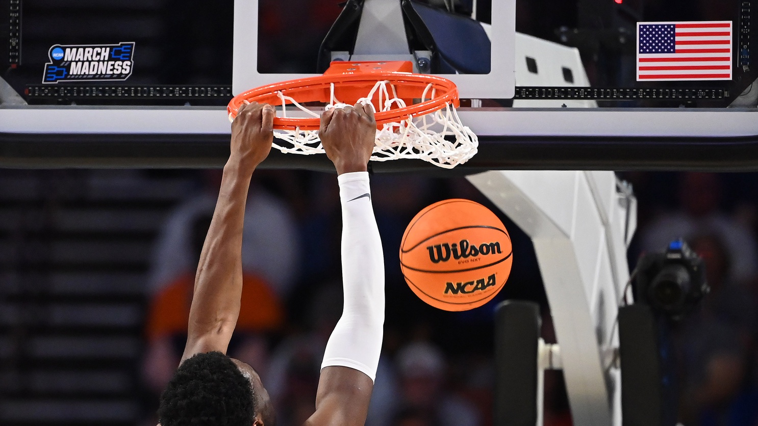 A Wilson basketball with the NCAA logo is dunked by Duke Blue Devils center Mark Williams (15) during the second round of the 2022 NCAA Tournament at Bon Secours Wellness Arena.