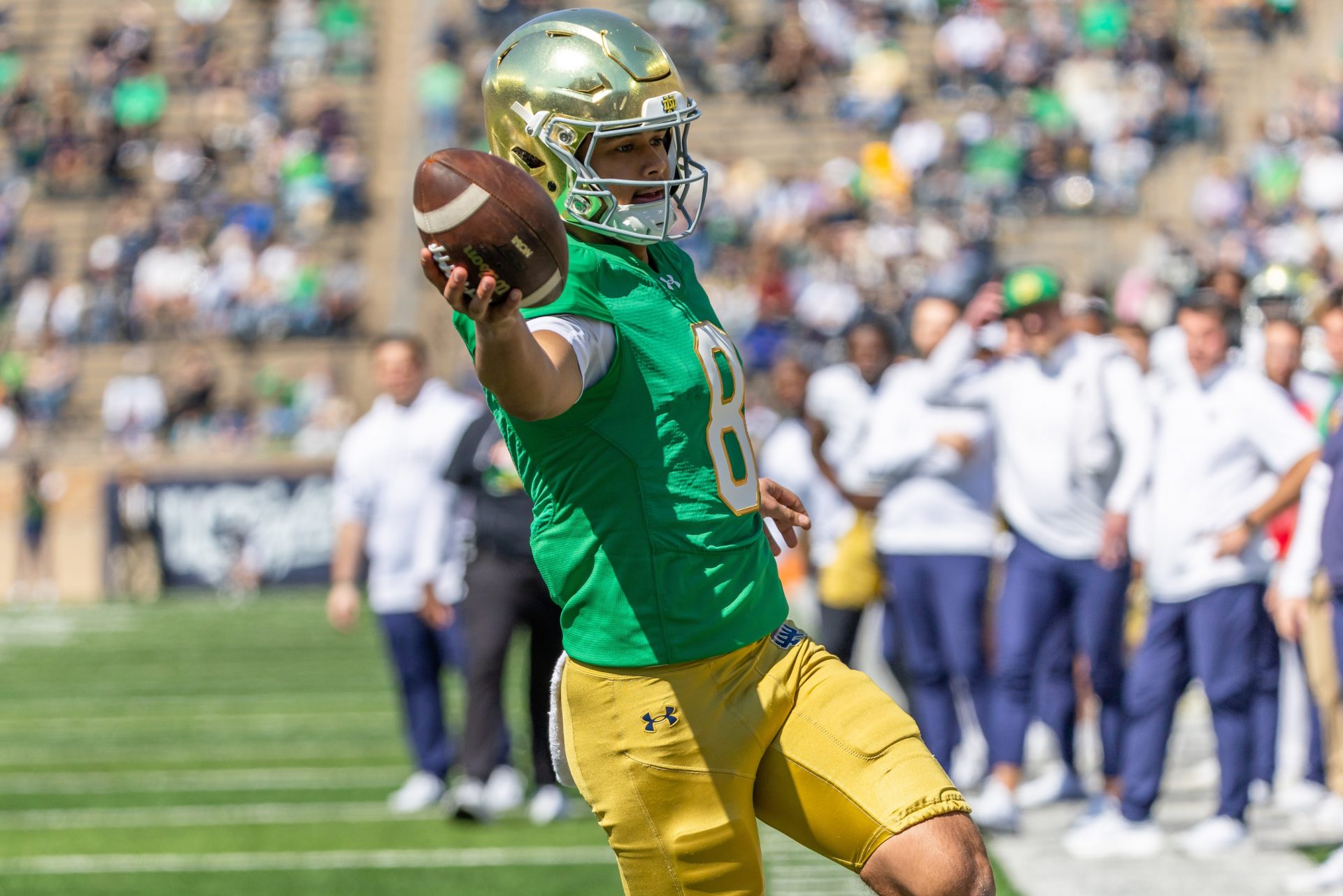Notre Dame Fighting Irish quarterback Kenny Minchey (8) scores a touchdown during the Blue-Gold game at Notre Dame Stadium.