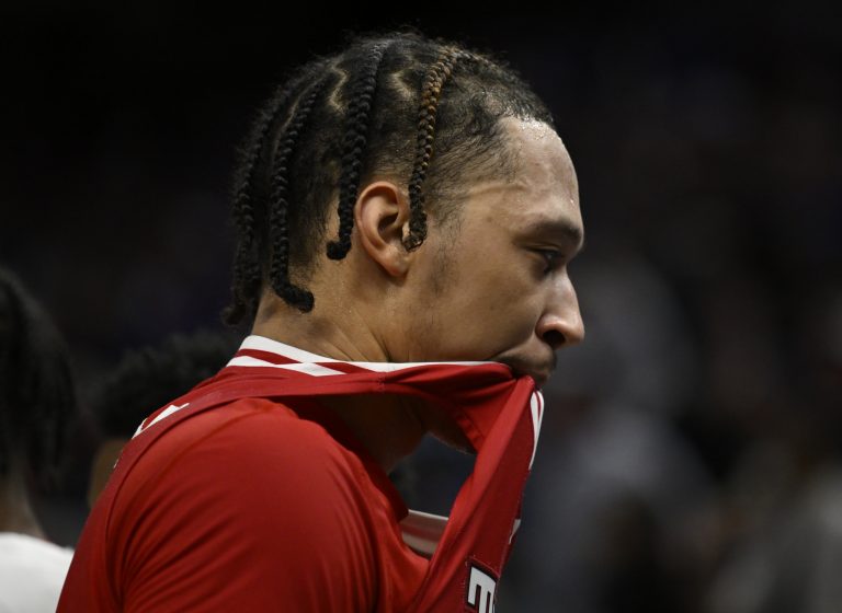 Texas Tech Red Raiders forward Darrion Williams (5) reacts after losing to the Florida Gators during the West Regional final of the 2025 NCAA tournament at Chase Center.