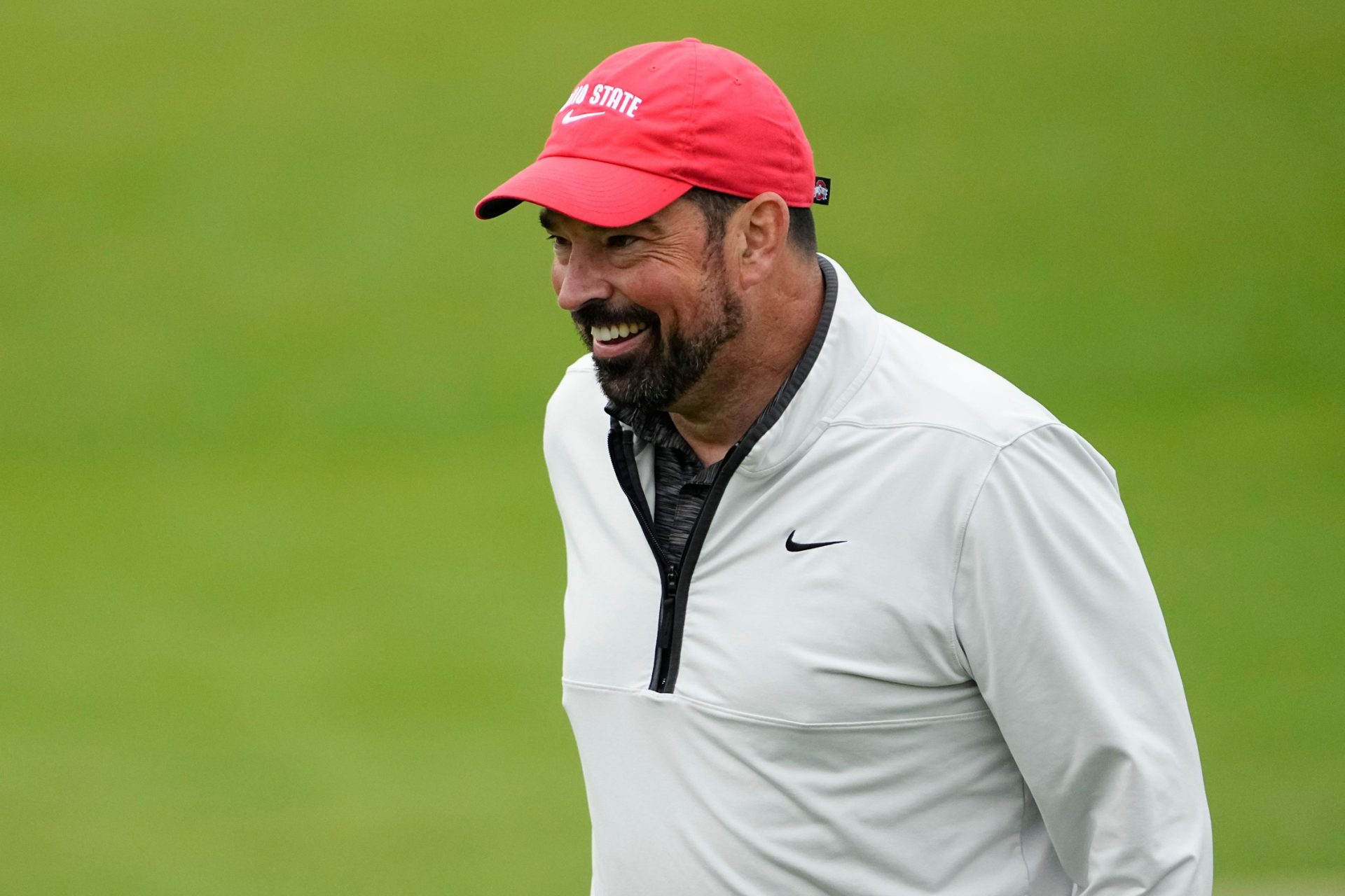 Ohio State football head coach Ryan Day reacts after his putt on 18 during the Workday Golden Bear Pro-Am at Muirfield Village Golf Club in Dublin, Ohio on May 28, 2025.
