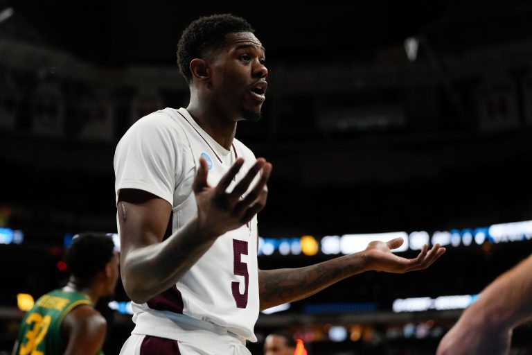 Mississippi State Bulldogs guard Shawn Jones Jr. (5) reacts during the first half against the Baylor Bears in the first round of the NCAA Tournament at Lenovo Center.