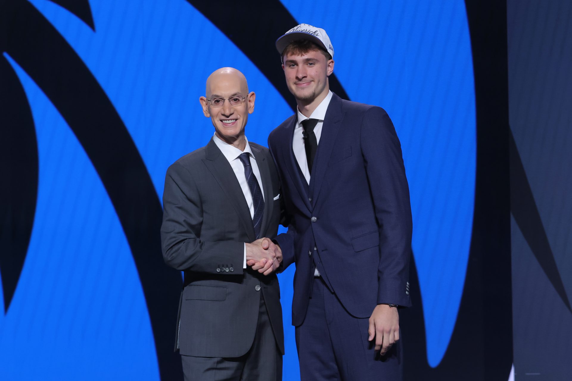 Cooper Flagg poses with NBA commissioner Adam Silver after being selected as first overall by the Dallas Mavericks in the first round of the 2025 NBA Draft at Barclays Center.