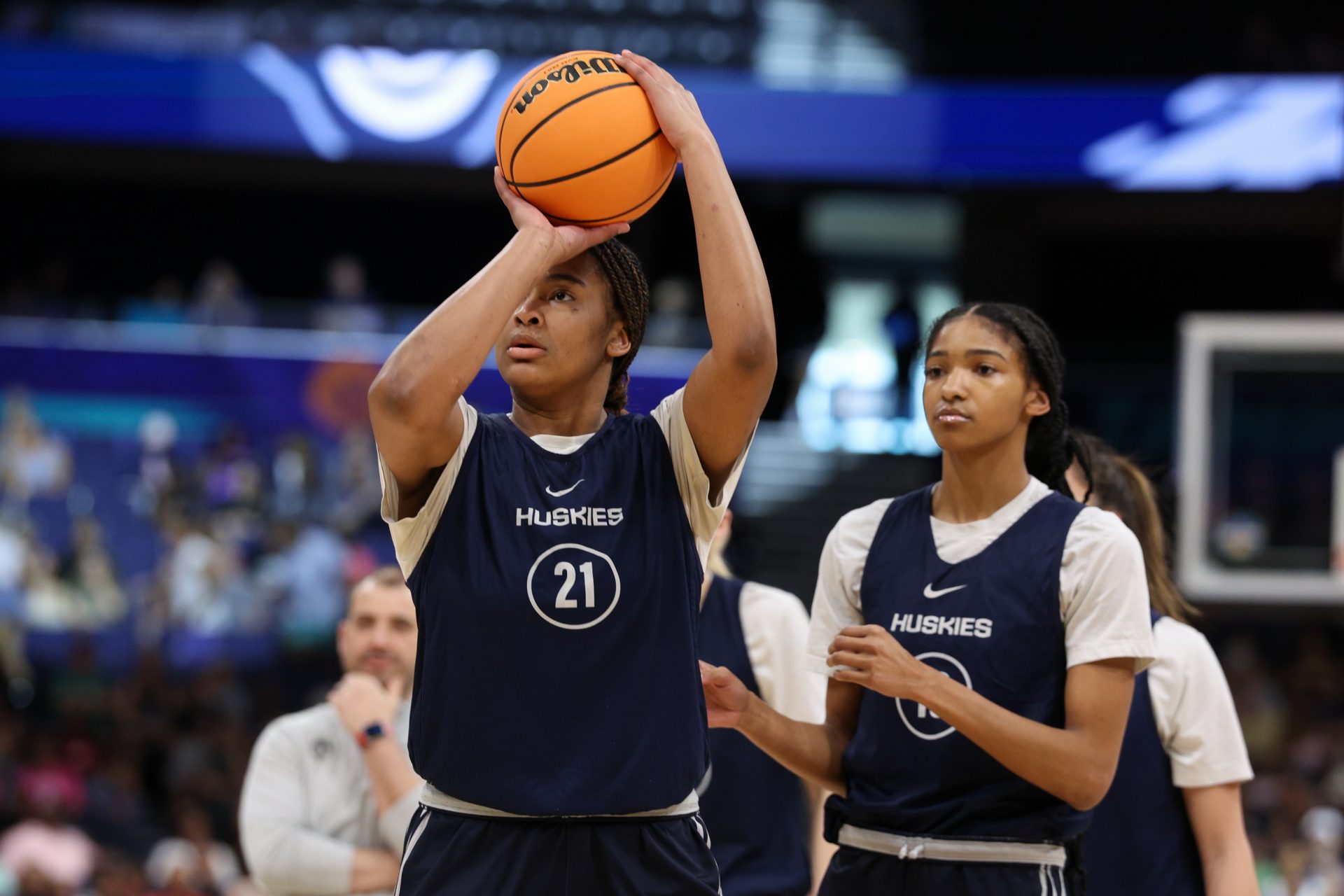 UConn Huskies forward Sarah Strong (21) practices before the NCAA Woman’s Final at Amalie Arena.