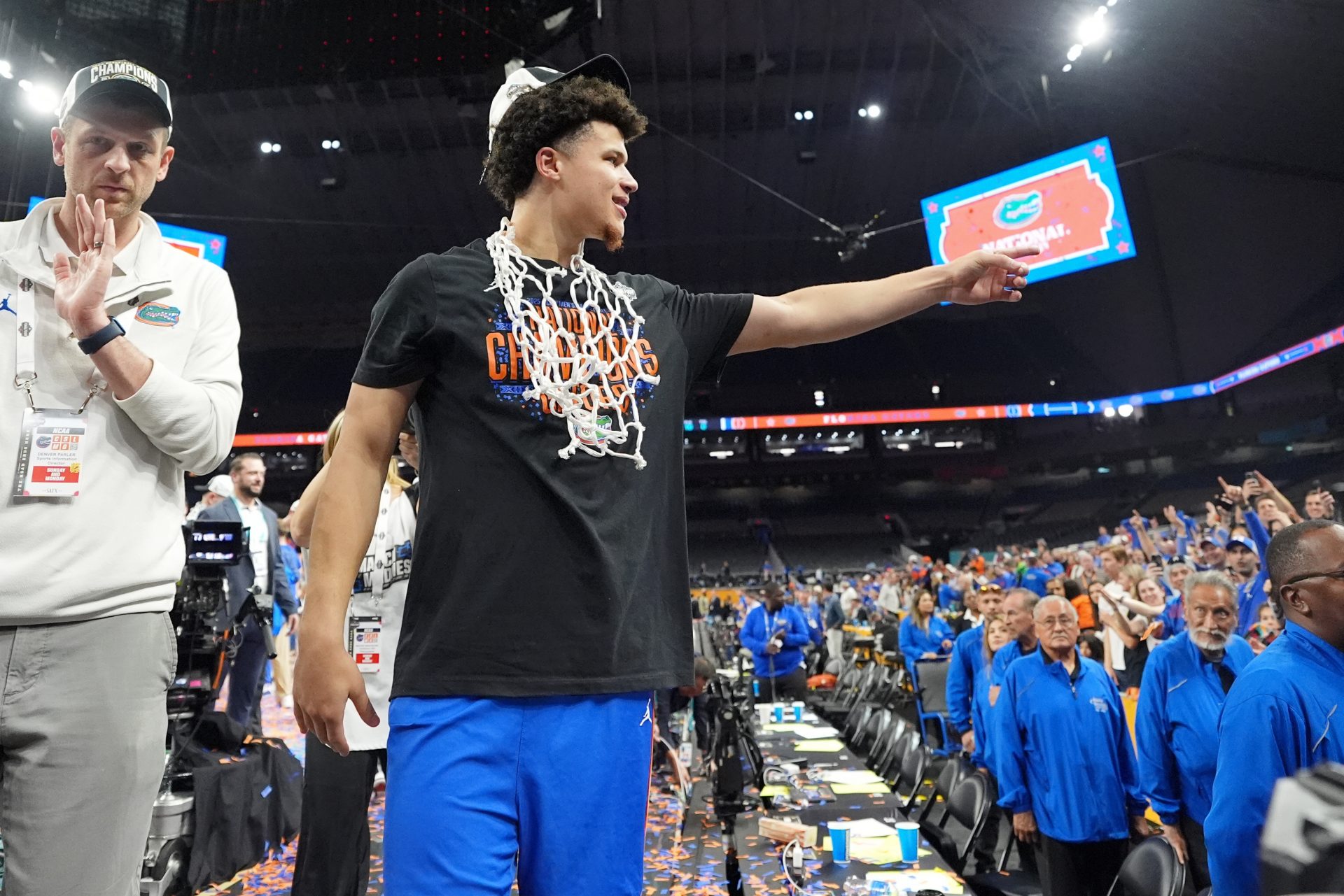 Florida Gators guard Walter Clayton Jr. (1) celebrates after winning the national championship game of the Final Four of the 2025 NCAA Tournament at the Alamodome.