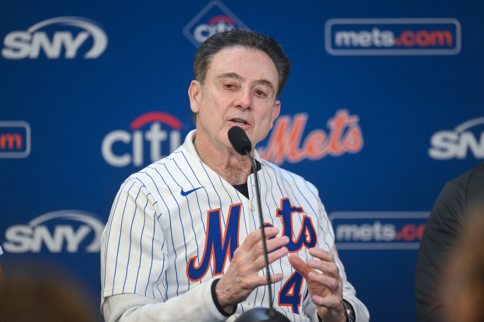 St. Johns mens basketball head coach Rick Pitino speaks at a press conference before a pregame ceremony honoring the team at a game between the New York Mets and the Miami Marlins at Citi Field.