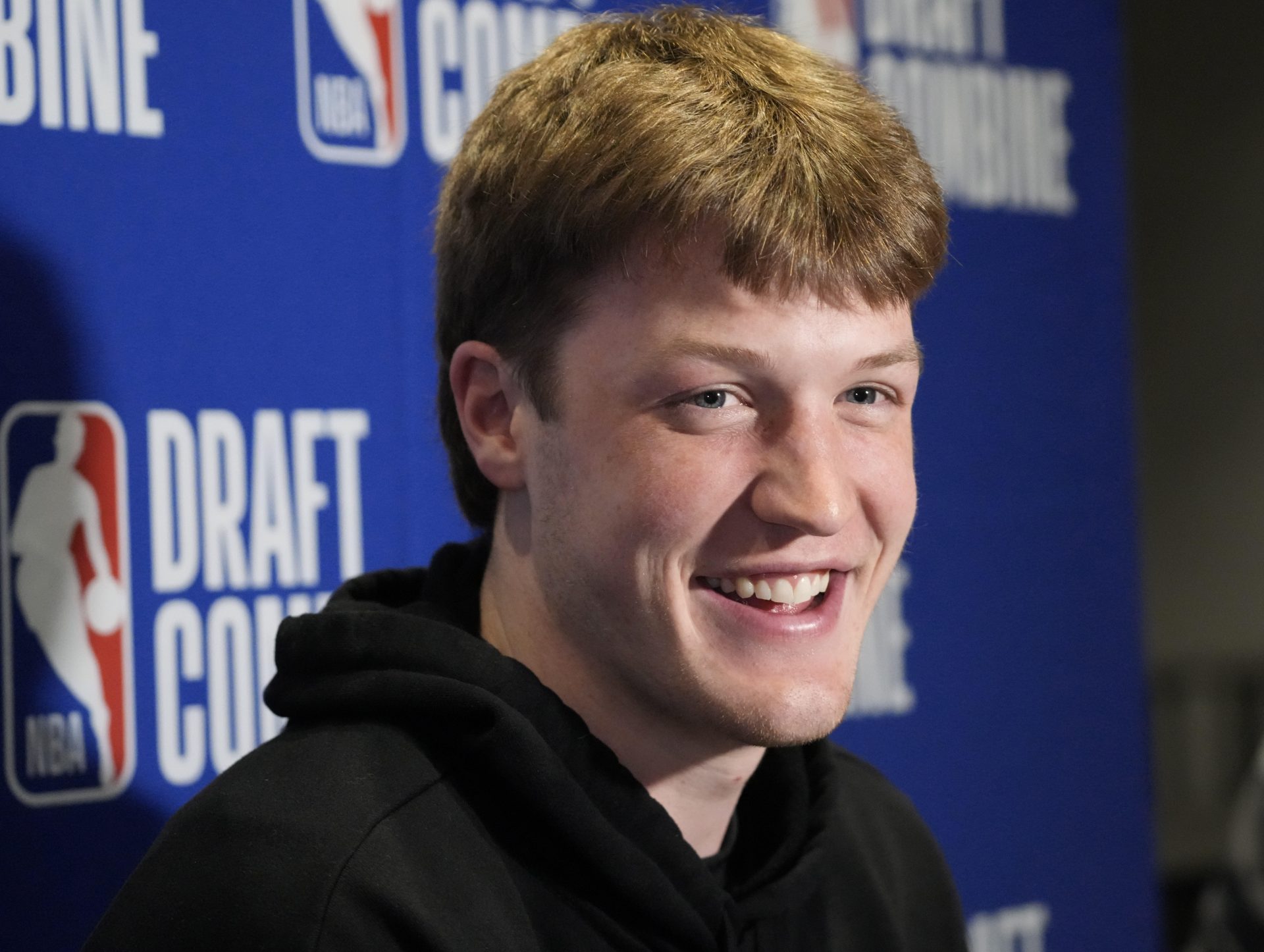 Kon Knueppel talks to the media during the 2025 NBA Draft Combine at Marriott Marquis Chicago.