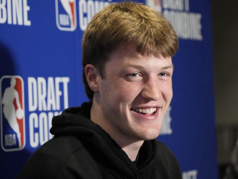 Kon Knueppel talks to the media during the 2025 NBA Draft Combine at Marriott Marquis Chicago.