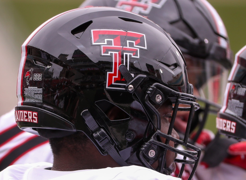 D'Anthis Upshaw Jr.'s helmet is seen before the Texas Tech football team's spring game, Saturday, April 19, 2025, at Jones AT&T Stadium.