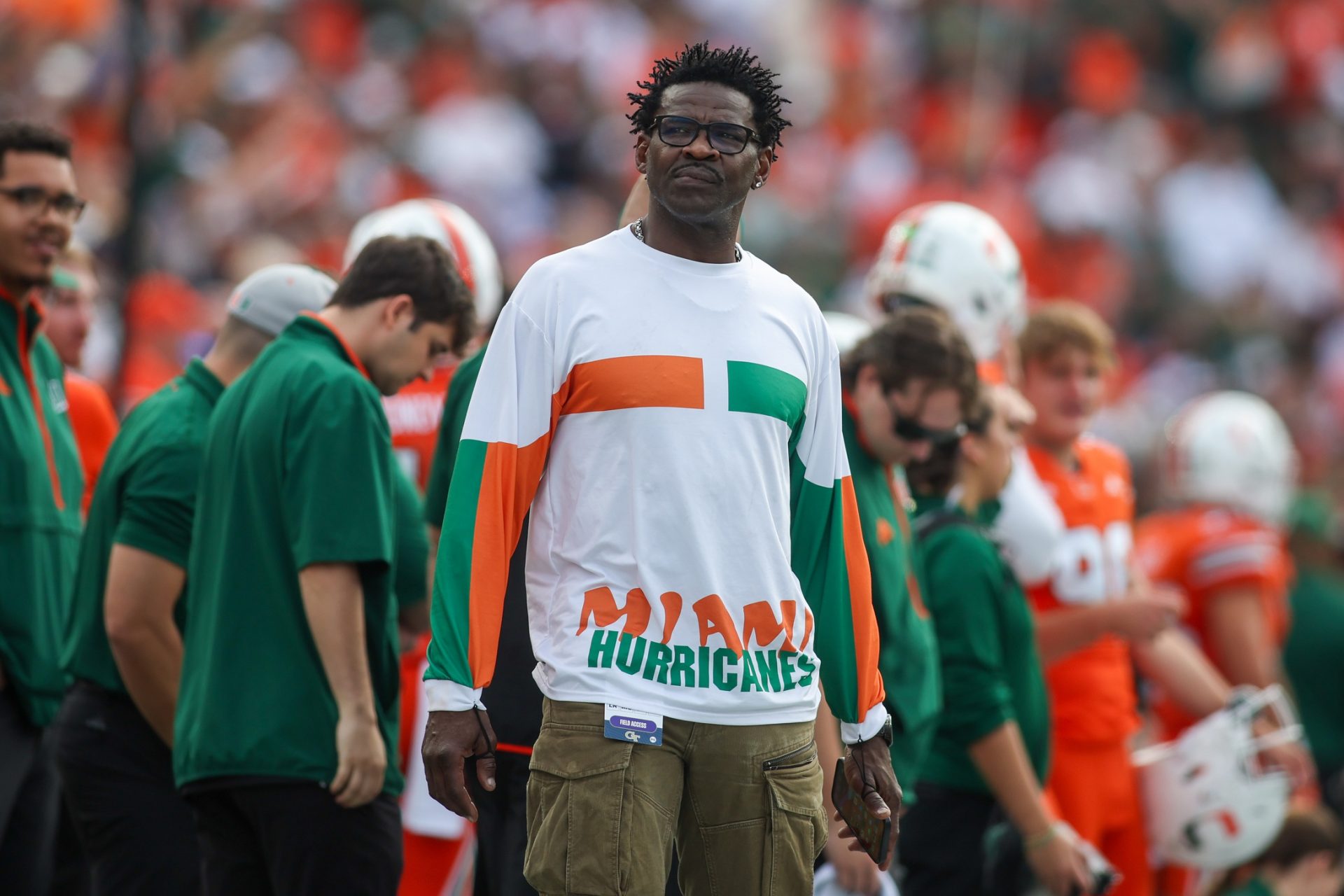Former Miami Hurricanes wide receiver Michael Irvin on the sideline against the Georgia Tech Yellow Jackets in the first quarter at Bobby Dodd Stadium at Hyundai Field.