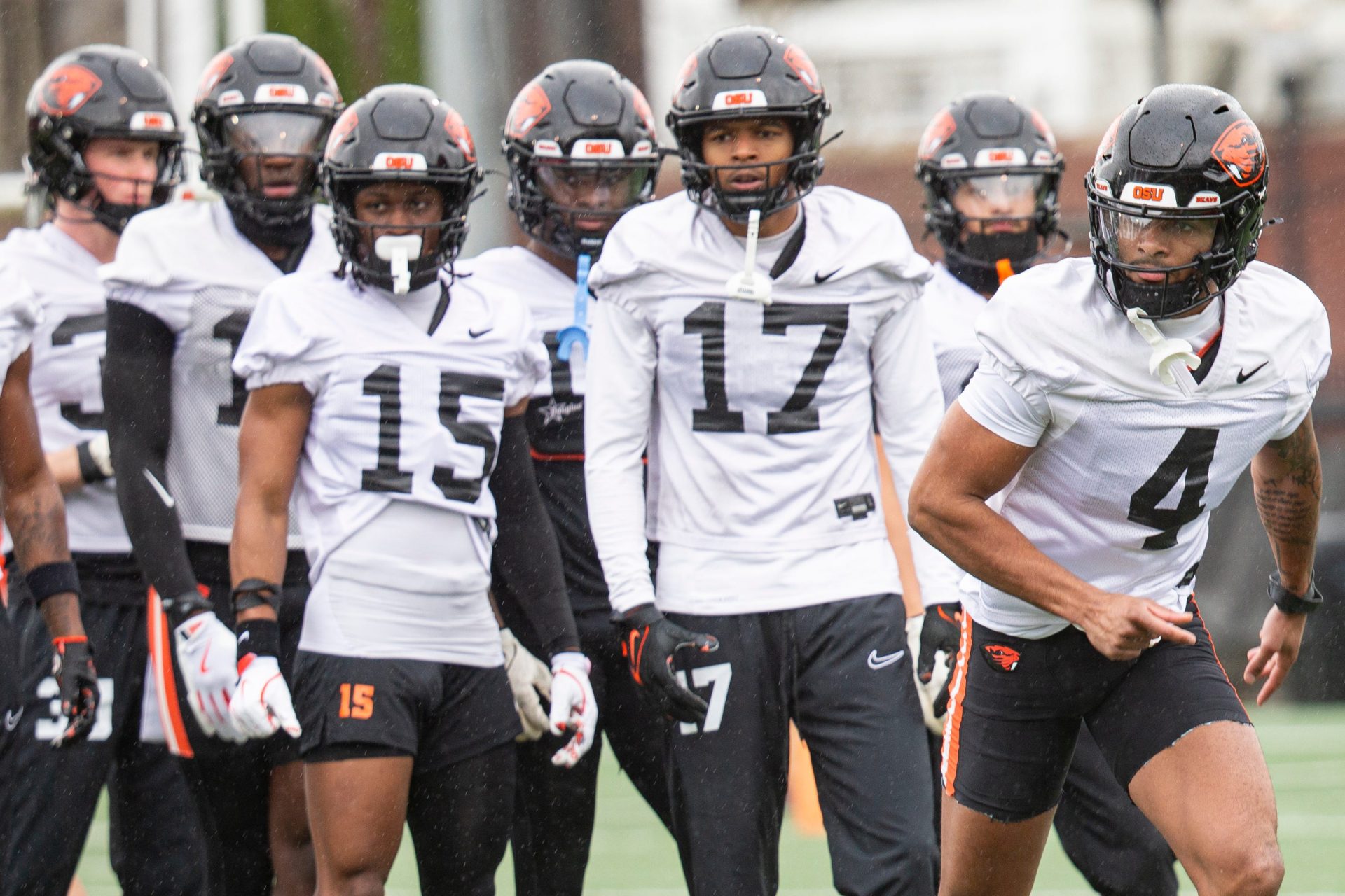 Oregon State wide receivers run drills during the first day of spring practice at the Tommy Prothro Football Complex on Tuesday, March 4, 2025, in Corvallis, Ore.