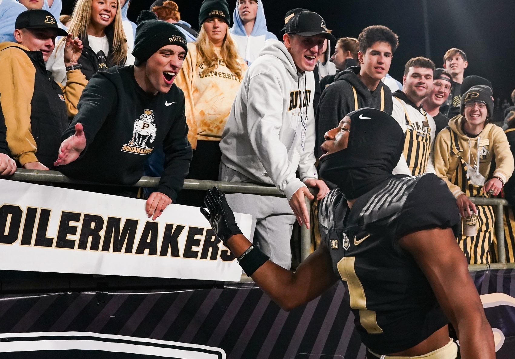 Purdue Boilermakers defensive back Markevious Brown (1) celebrates with fans after defeating the Minnesota Golden Gophers at Ross-Ade Stadium.