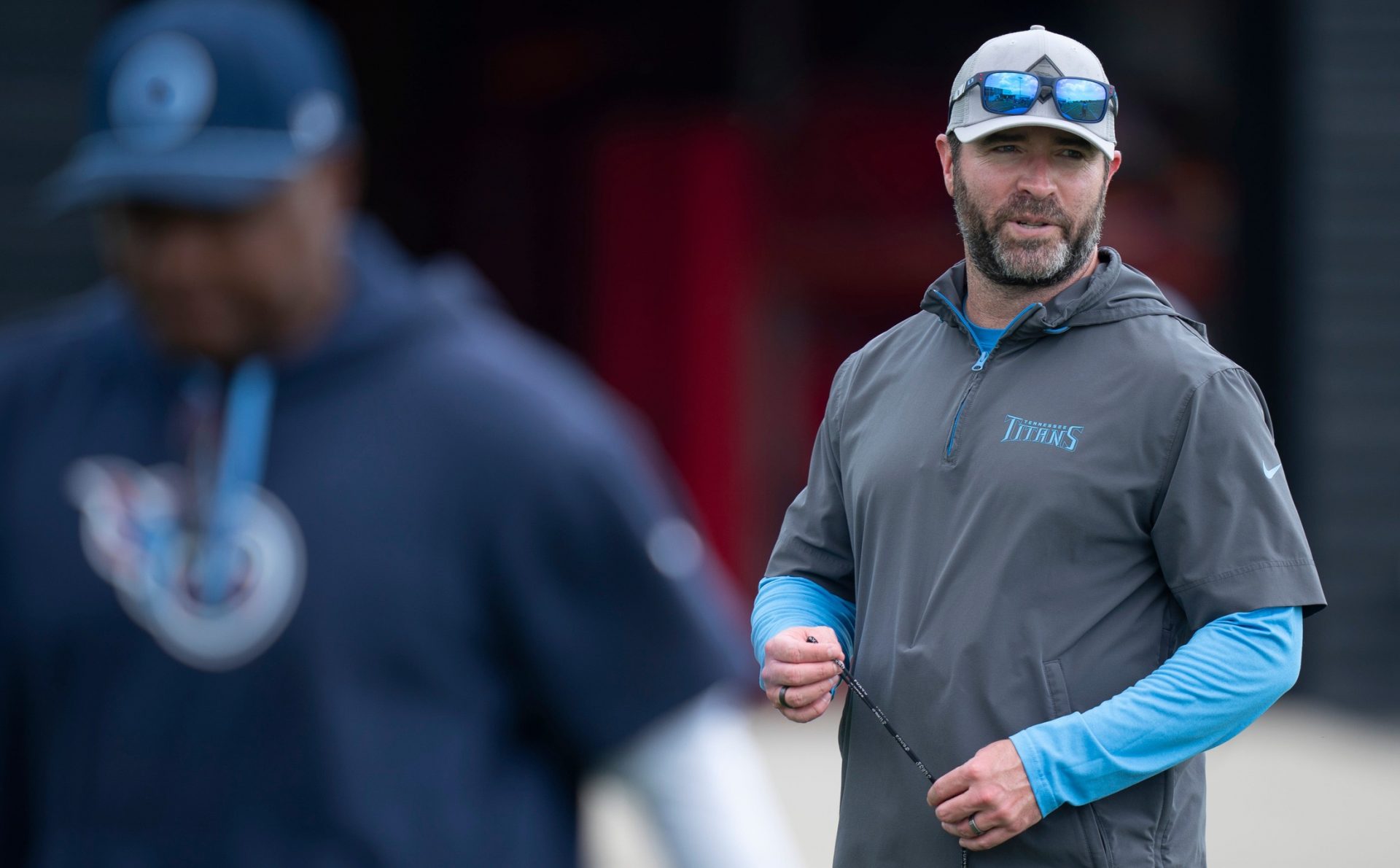 Tennessee Titans Head Coach Brian Callahan heads off the field after OTAs at Ascension Saint Thomas Sports Park in Nashville, Tenn., Tuesday, June 3, 2025.
