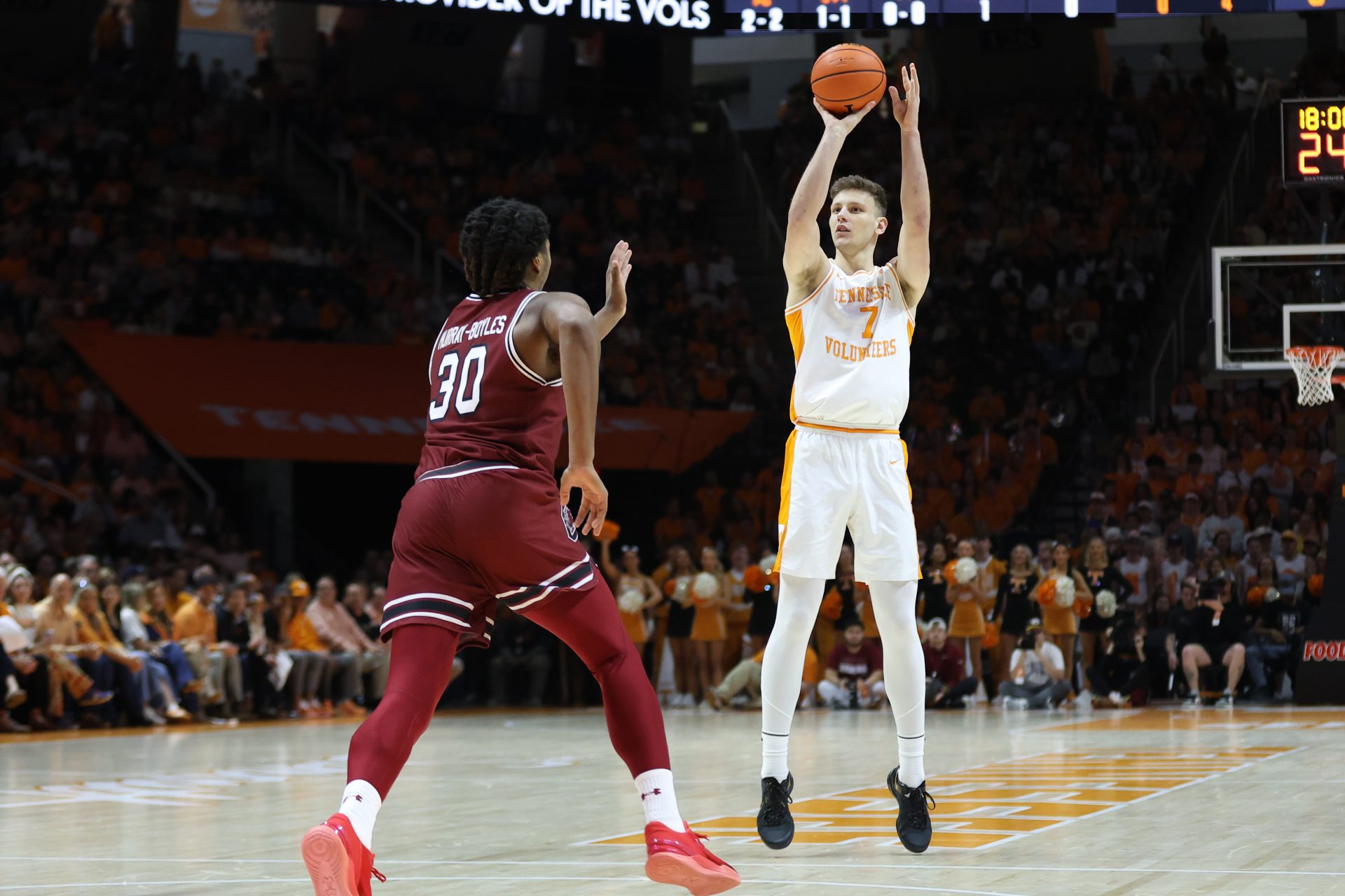 Tennessee Volunteers forward Igor Milicic Jr. (7) shoots a three pointer against South Carolina Gamecocks forward Collin Murray-Boyles (30) during the first half at Thompson-Boling Arena at Food City Center.