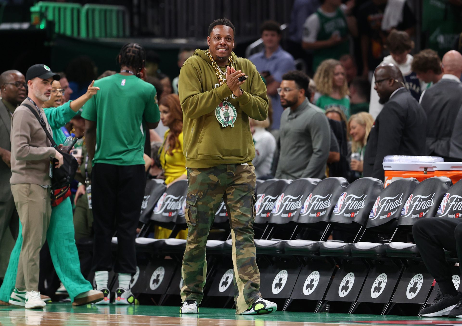 Boston Celtics former player Paul Pierce walks onto the court before game two of the 2024 NBA Finals between the Boston Celtics and the Dallas Mavericks at TD Garden.