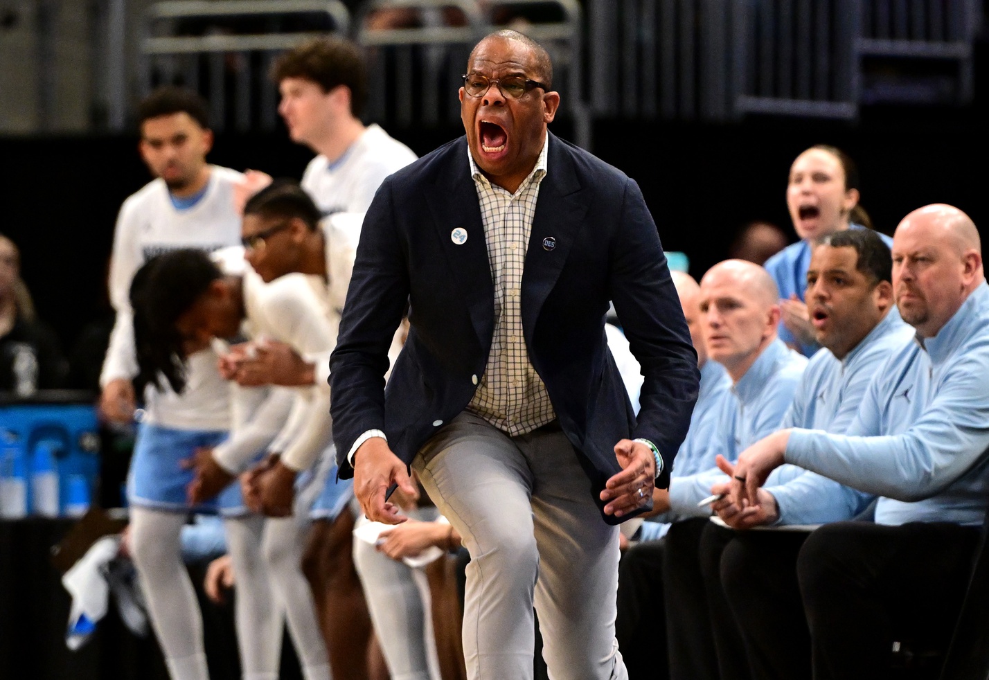North Carolina Tar Heels head coach Hubert Davis during the first half of a first round NCAA men’s tournament game against the Mississippi Rebels at Fiserv Forum.