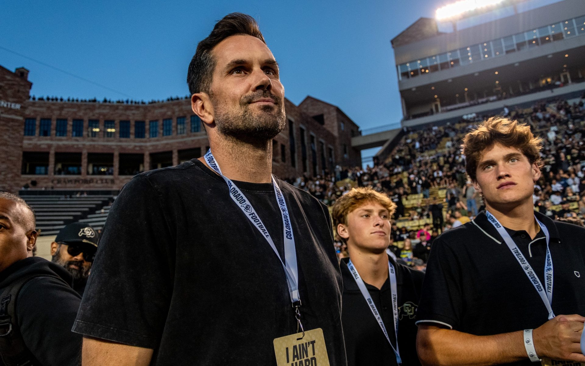 Heisman-winning quarterback Matt Leinart, a member of the Fox Big Noon Kickoff crew, walks the CU sideline before the Rocky Mountain Showdown on Sept. 16, 2023 at Folsom Field in Boulder, Colo.