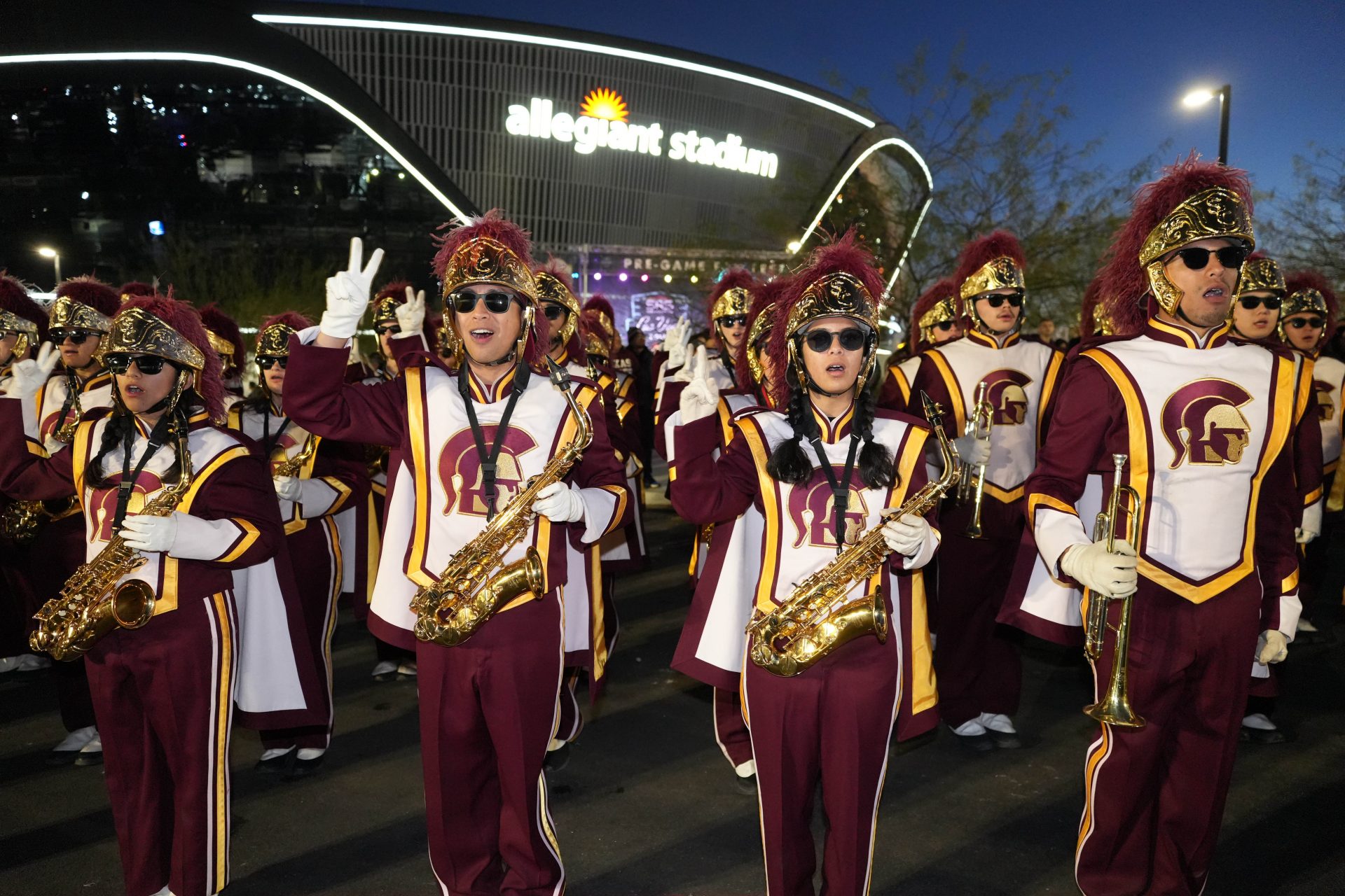 The Southern California Trojans Spirit of Troy marching band performs at a tailgate pep rally during the Las Vegas Bowl at Allegiant Stadium.