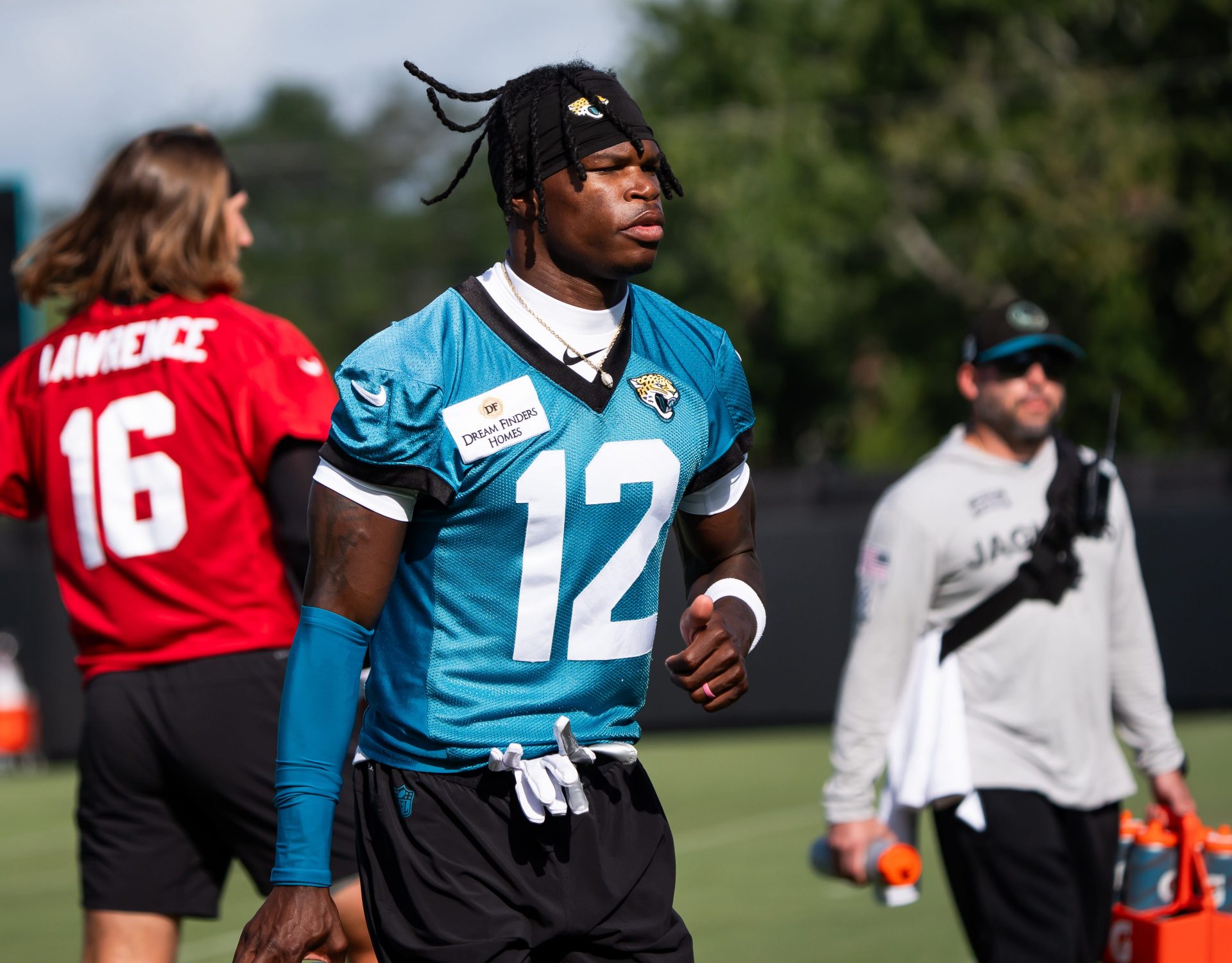 Jacksonville Jaguars wide receiver Travis Hunter (12) jogs to his first drill during the Jacksonville Jaguars’ third mandatory minicamp Thursday June 12, 2025 at the Miller Electric Center in Jacksonville, Fla. [Doug Engle/Florida Times-Union]