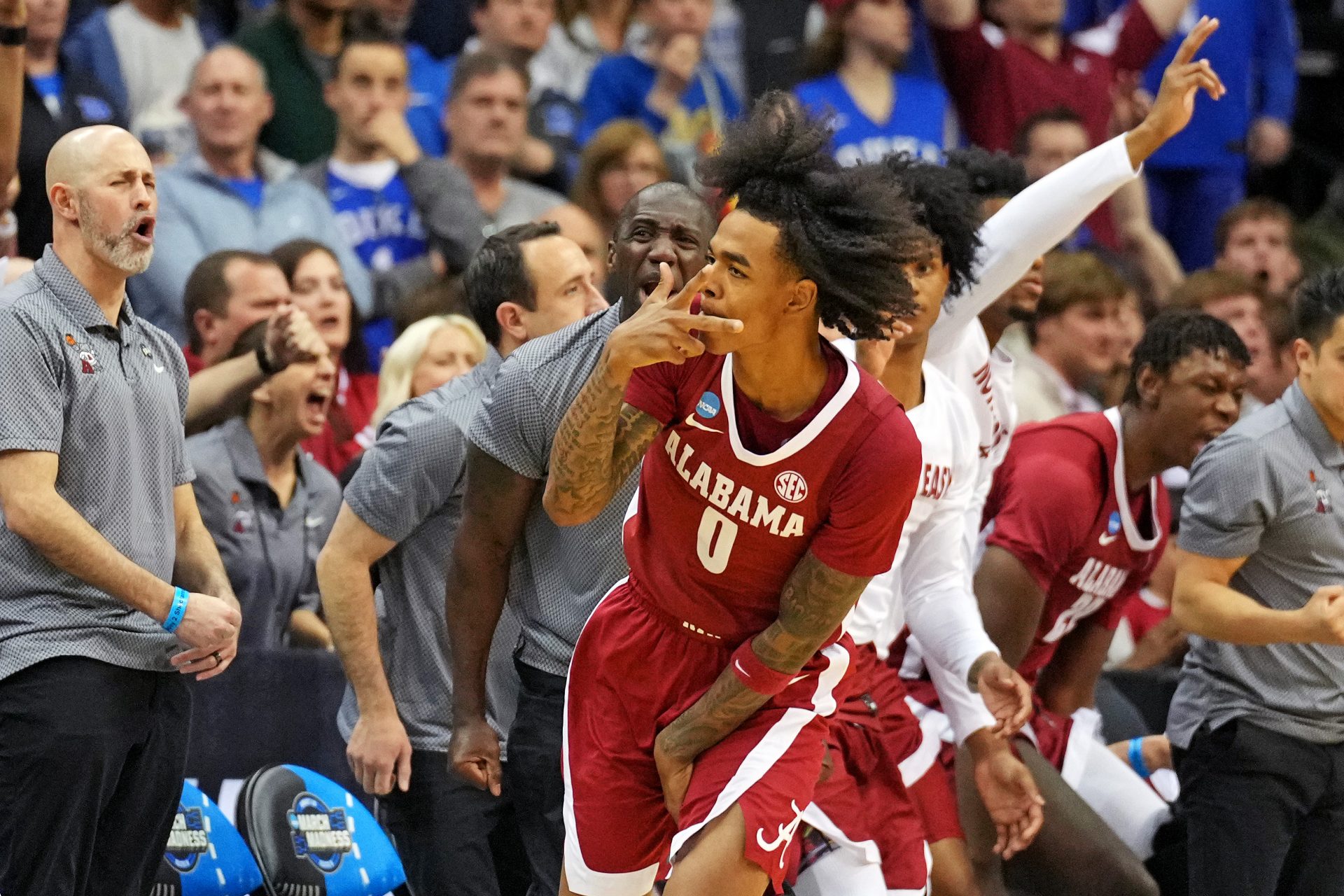 Alabama Crimson Tide guard Labaron Philon (0) celebrates after making a three point basket during the second half against the Duke Blue Devils in the East Regional final of the 2025 NCAA tournament at Prudential Center.