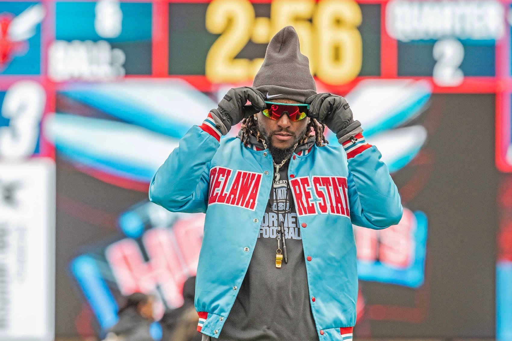 DeSean Jackson, Delaware State's new head coach and former Philadelphia Eagle, is featured during the Red-White intrasquad spring football game at Alumni Stadium in Dover on April 12, 2025.