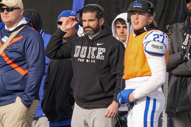 Duke Blue Devils head coach Manny Diaz on the sideline during the second half against the Wake Forest Demon Deacons at Allegacy Federal Credit Union Stadium.