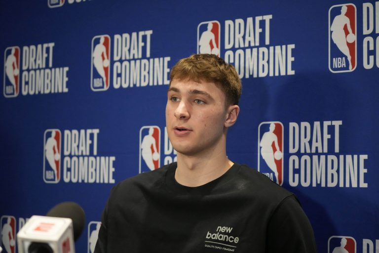 Cooper Flagg talks to the media during the 2025 NBA Draft Combine at Marriott Marquis Chicago.