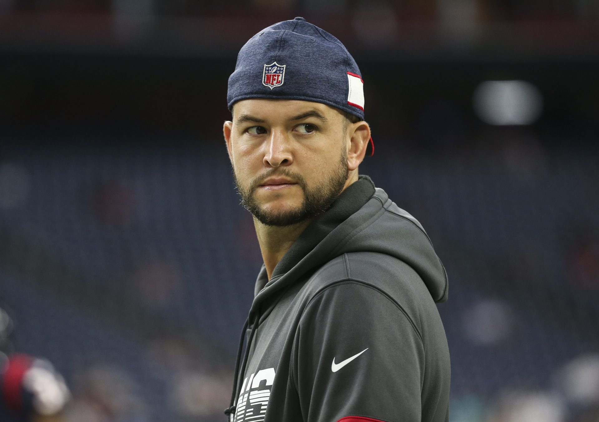 Houston Texans quarterback AJ McCarron (2) looks on during warm ups before a game against the Detroit Lions at NRG Stadium.
