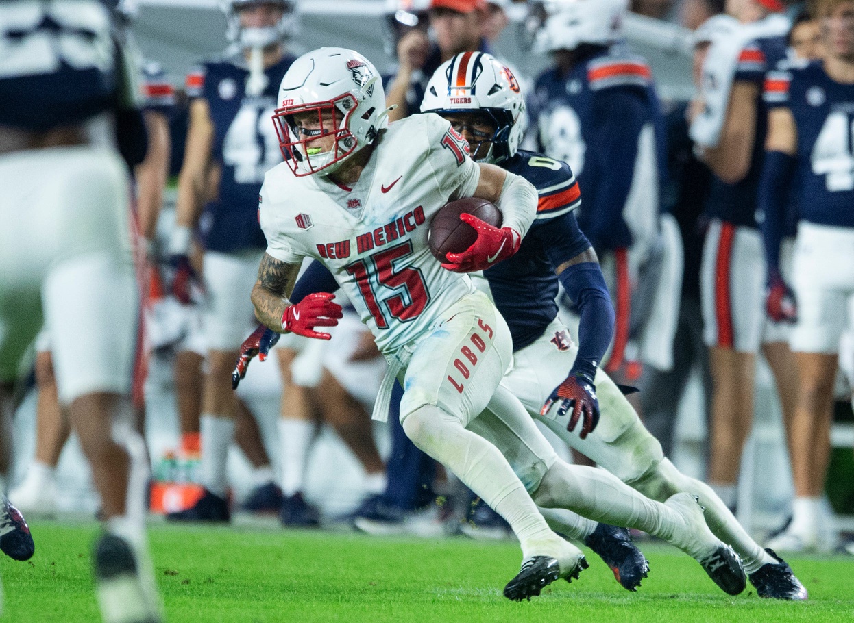 New Mexico Lobos wide receiver Luke Wysong (15) turns up field after a catch as Auburn Tigers take on New Mexico Lobos at Jordan-Hare Stadium in Auburn, Ala., on Saturday, Sept. 14, 2024.
